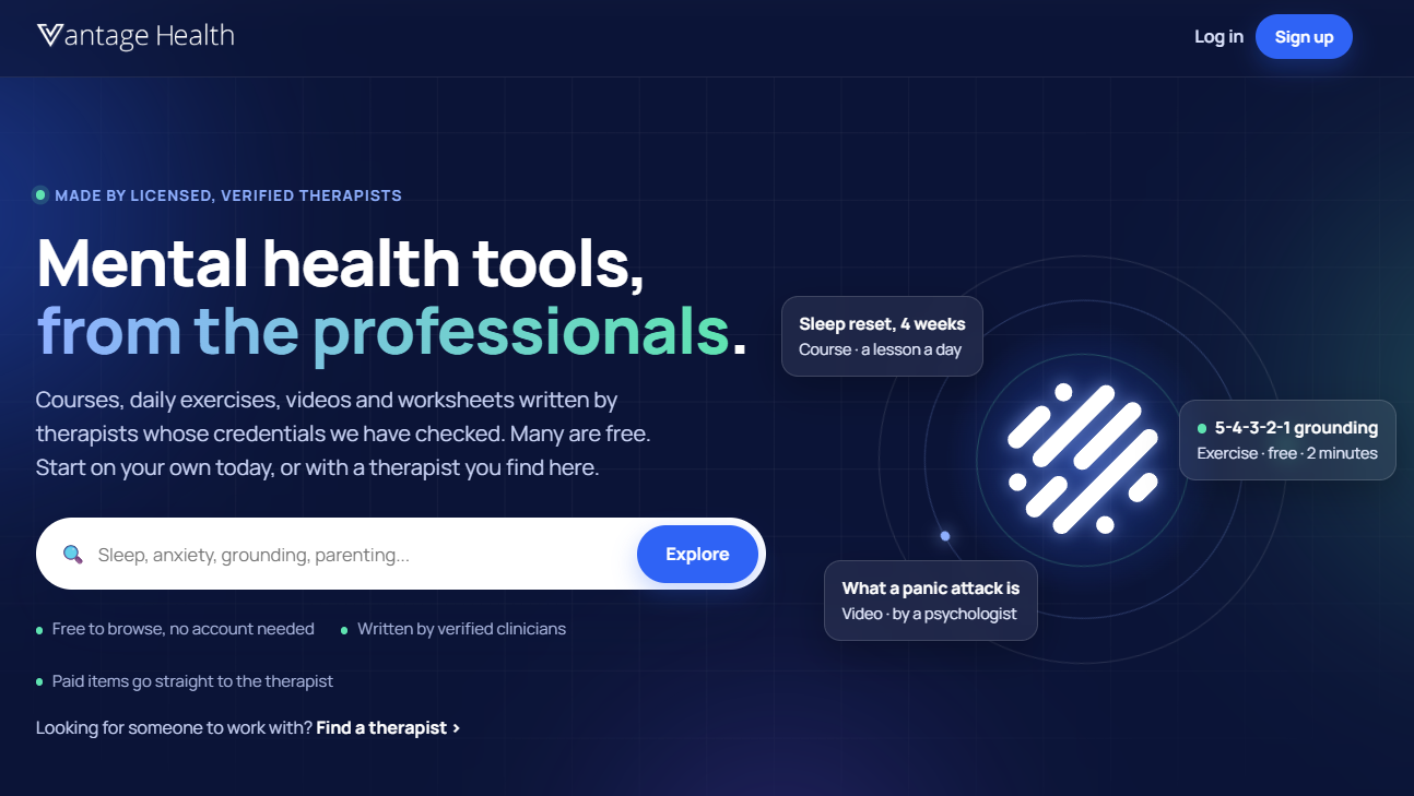 The Vantage Health home page: mental health tools from the professionals
